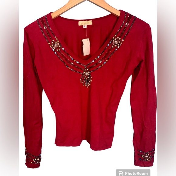 GingerBlu VTG Y2K Red Beaded Long Sleeve Top NWT Size S - Picture 1 of 6